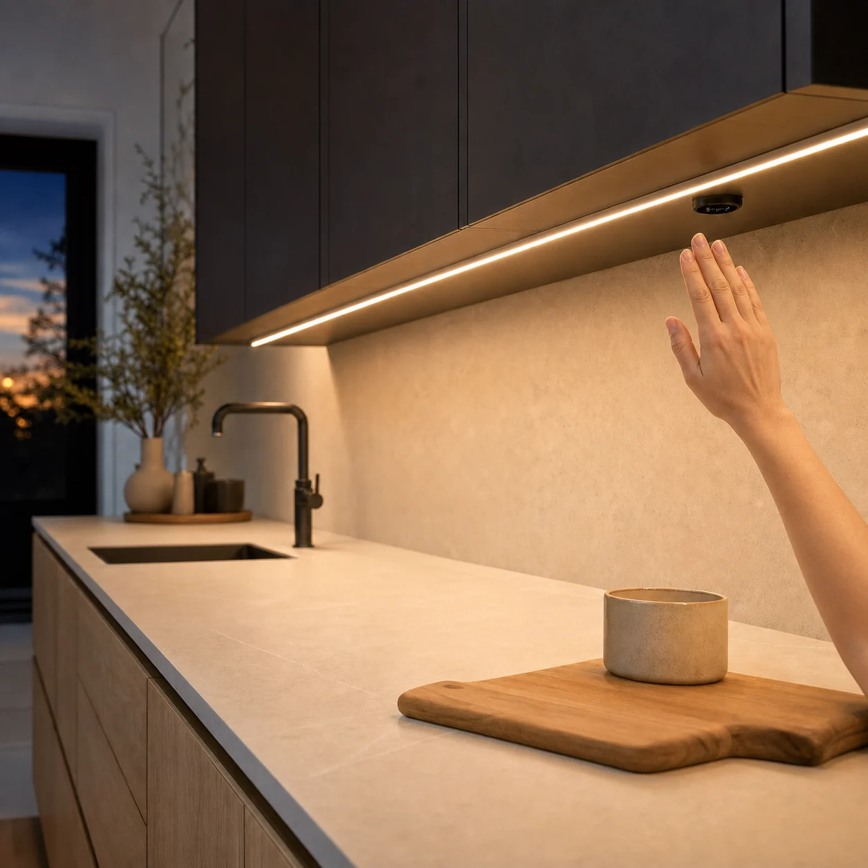 Verlichting onder keukenkastjes met handsensor