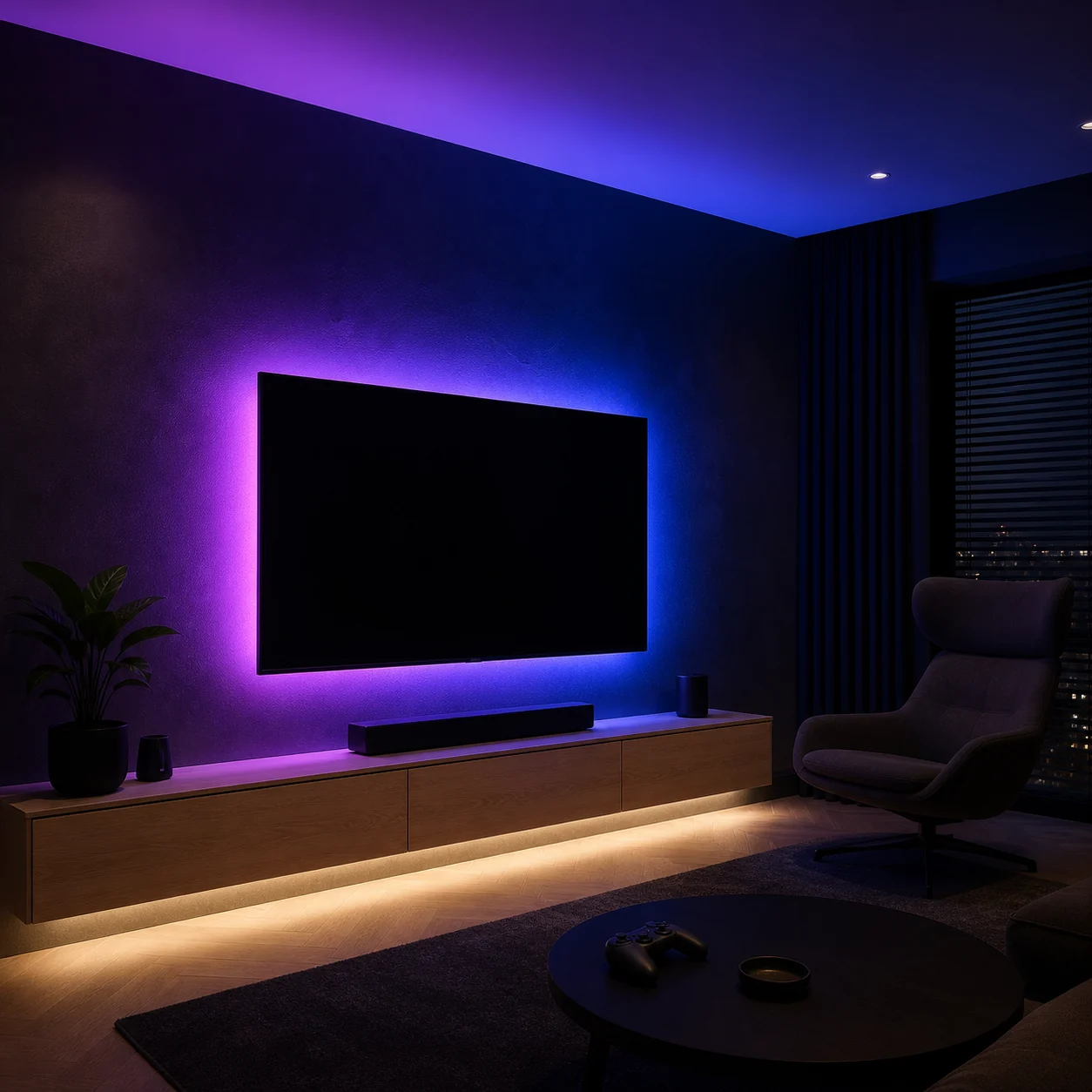 Sfeerverlichting achter tv en voor gamekamer